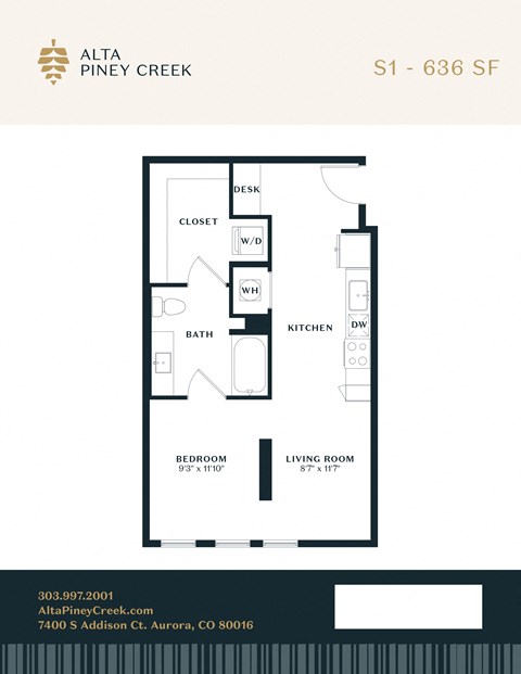 Floor plan for studio, 1 bath, 636 sqft